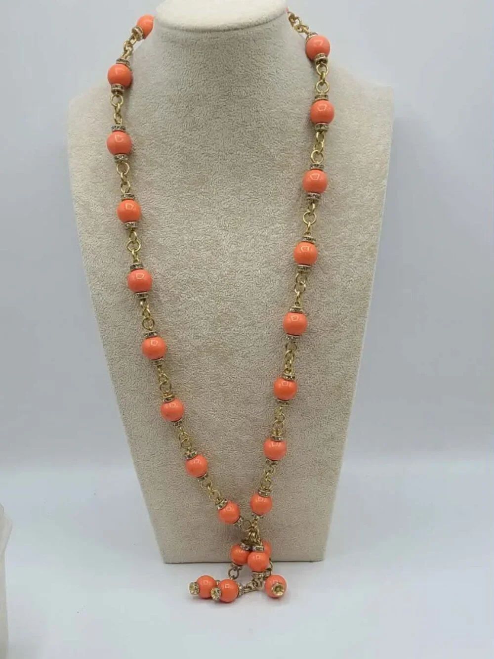 J Crew Coral Bead Necklace with clear Crystals